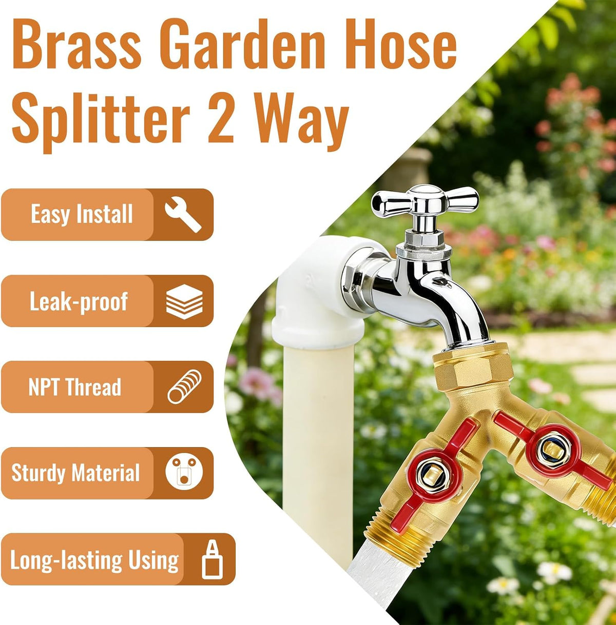 Angry Pony Spigot Splitter 2 Way, GHT 3/4 Hose Bib Splitter for Spigot | for Garden/Lawn/Patio Watering Task,Solid Brass,Individual Shutoff,Dual Hose Splitter,Wide Flow Port,Easy to Install