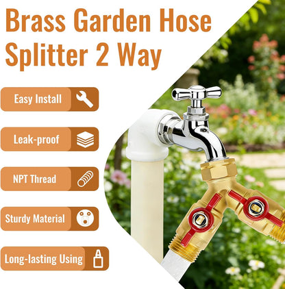 Angry Pony Spigot Splitter 2 Way, GHT 3/4 Hose Bib Splitter for Spigot | for Garden/Lawn/Patio Watering Task,Solid Brass,Individual Shutoff,Dual Hose Splitter,Wide Flow Port,Easy to Install