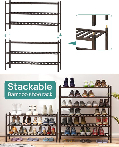 viewcare 3-Tier Black Bamboo Shoe Rack for Entryway, Stackable | Foldable | Natural, Shoe Shelf Storage Organizer for Hallway Closet, Free Standing Shoe Racks for Indoor Outdoor