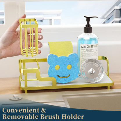 Consumest Sponge Holder for Kitchen Sink - Sink Caddy Organizer with Water Absorbing Stone Tray, Detachable Brush Holder, Stainless Steel Kitchen Counter Organizer Rack, Black