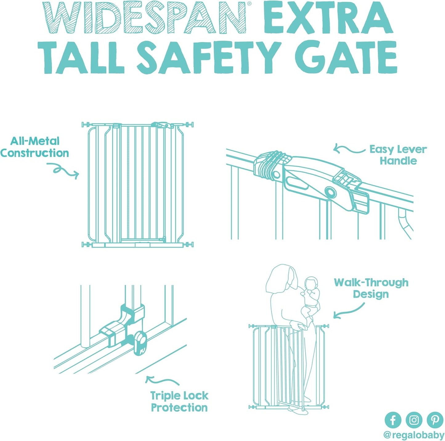 Regalo Safety 29-38.5" Baby Gate for Doorways & Bottom of Stairs, Pressure Mounted Baby Gate with Door for Babies, Toddlers & Pets, Tested & Safe for 30 Years, American Designed, American Owned, White