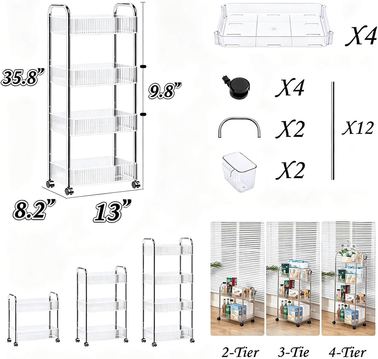 4-Tier Plastic Rolling Utility Cart with Wheels, Multifunctional Storage Organizer Cart for Home, Office, Kitchen & Bathroom, Ultra Narrow & Clear, 4.7”W * 12.8”L * 33”H