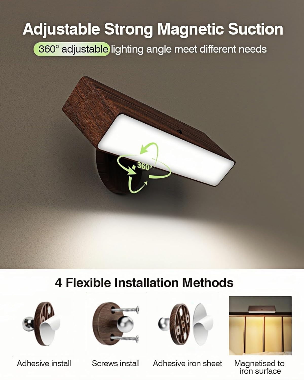 iThird Rechargeable Battery Operated Wall Sconce Set of 2: Wireless Black Wall Lights Battery Powered Magnetic 360° Rotation Cordless Scone Adhesive LED Wall Mount Lamp for Bedroom Reading Picture RV