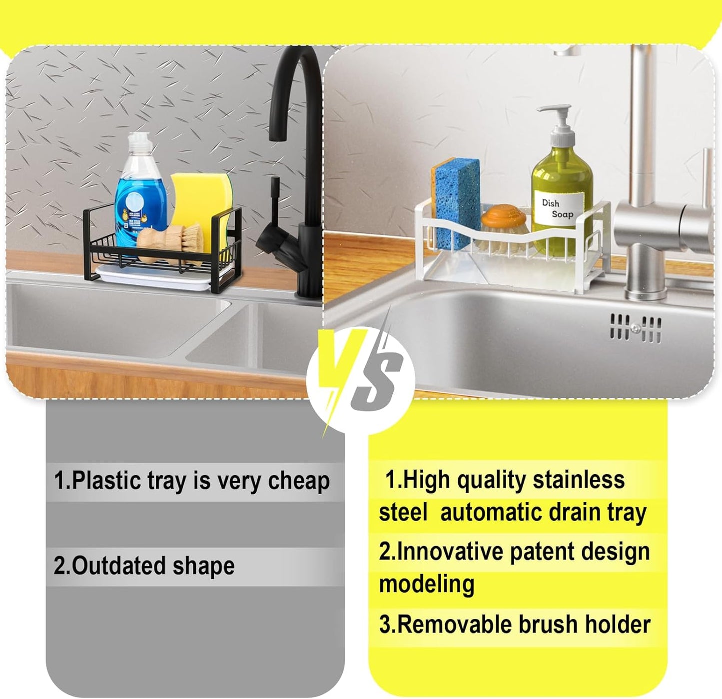 Maifan Stainless Steel Kitchen Sink Caddy Organizer with Auto Drain Tray, Sponge Holder for Countertop Storage