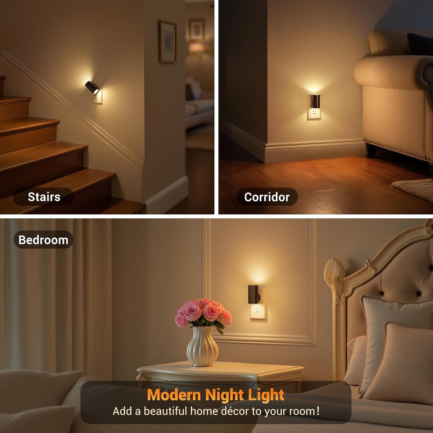JandCase Motion Night Light, Rotating Night Lights Plug into Wall, 3 Colors 3000K-5000K-Amber, Dusk to Dawn & Motion Sensor, 3 Level Brightness Nightlight for Bathroom Bedroom Hallway [2 Pack]