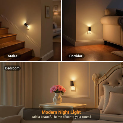 JandCase Motion Night Light, Rotating Night Lights Plug into Wall, 3 Colors 3000K-5000K-Amber, Dusk to Dawn & Motion Sensor, 3 Level Brightness Nightlight for Bathroom Bedroom Hallway [2 Pack]