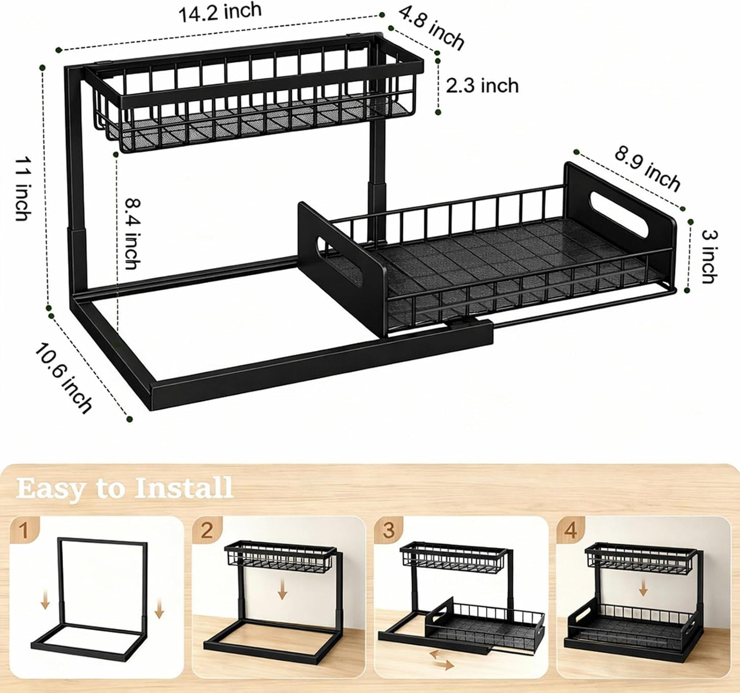 2 Pack Under Sink Organizer, 3-Tier Pull Out Kitchen Cabinet Organizer with 5 Adjustable Heights Metal Slide Out Bathroom Storage Makeup Drawer Rack for Bedroom Office Pantry Home Organization, White