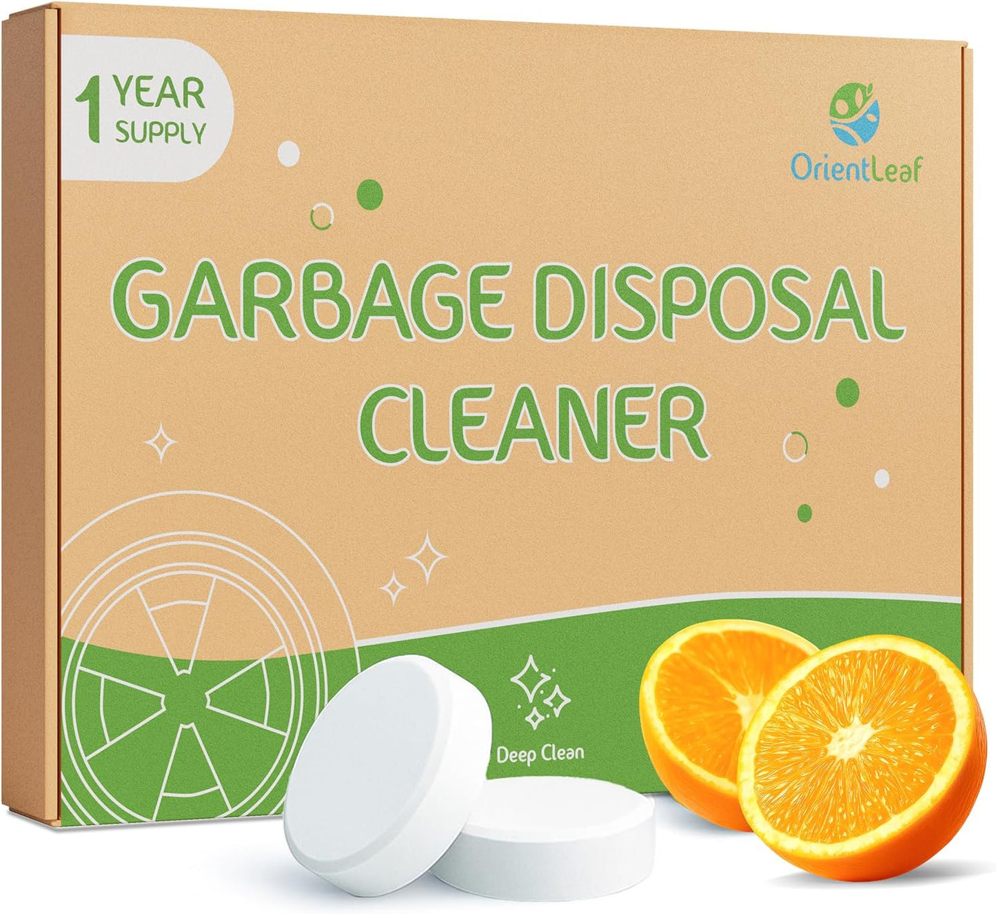 ORIENTLEAF Garbage Disposal Cleaner and Deodorizer Tablets 20g 1 Year Supply Sink Cleaner, Prevents Odors, Natural Kitchen Drain Cleaning Care 12 Pack