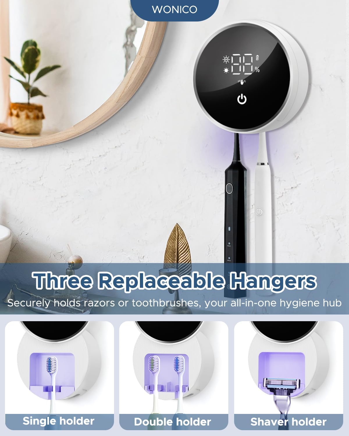 UV Toothbrush Sanitizer and Holder, WONICO Smart Tooth Brush Holders for Bathroom, Toothbrush Wall-Mounted Cleaner Organizer with Auto-Inductive Cover Fits Electric, Manual Toothbrushes for Home
