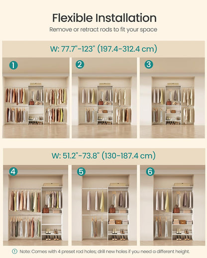 SONGMICS Closet System, Customizable Walk-In Closet Organizer System with Adjustable Hanging Rods and Storage Shelves, White, Fits Spaces 4-9.6 ft URGR040WZ01S