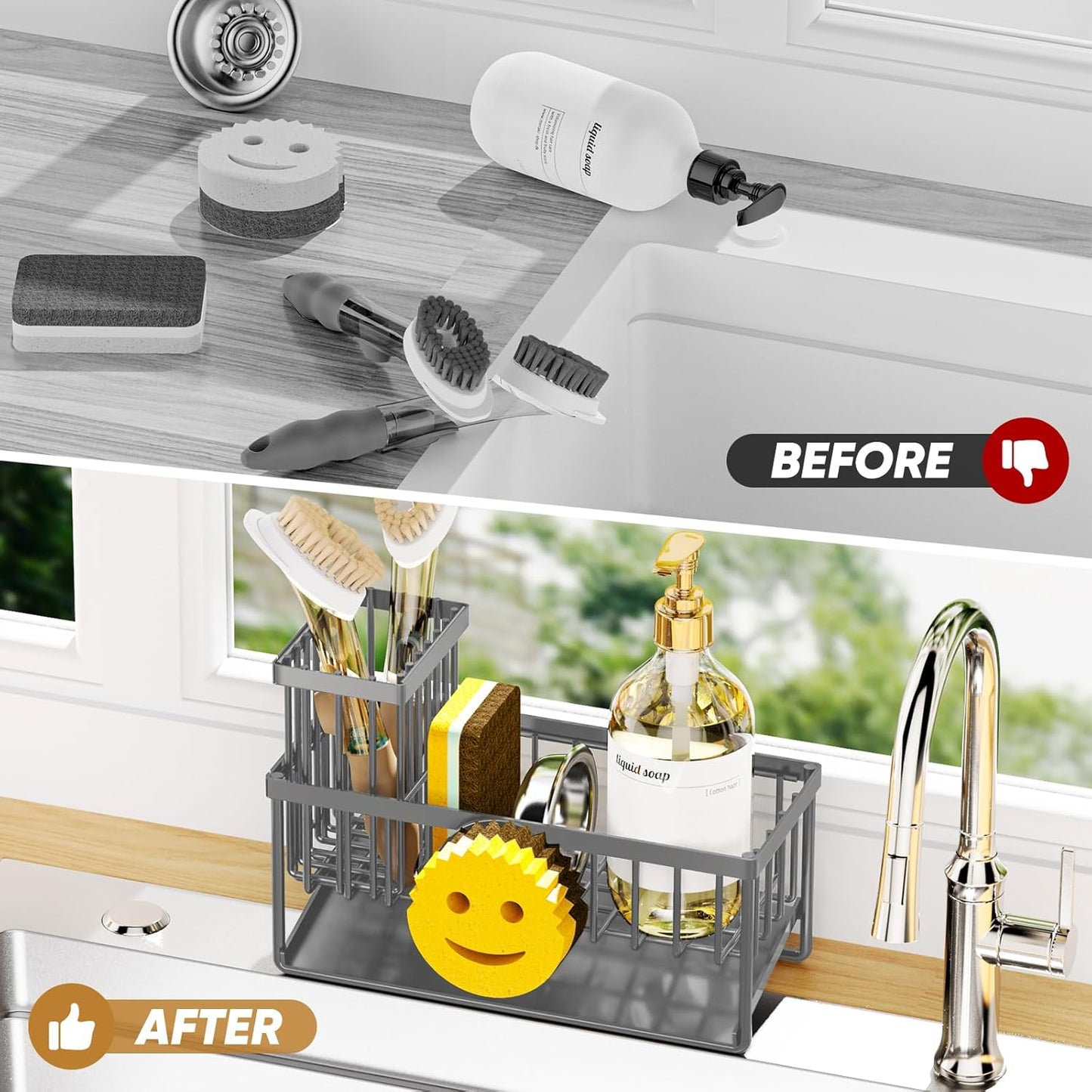 Sponge Holder for Kitchen Sink,Smiley Face Sink Caddy with Removable Brush Holder,Self-Draining Sponge Caddy for Soap,Dish Brush,Scrubber,Kitchen Essentials and Gadgets-Silver