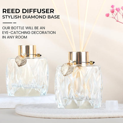 4-Piece Reed Diffuser Set with Metal Golden Decoration, 3.5-4.2oz Empty Bottles and 20 Reed Sticks, Unique Design for Home and Office (4 Different Bottles)