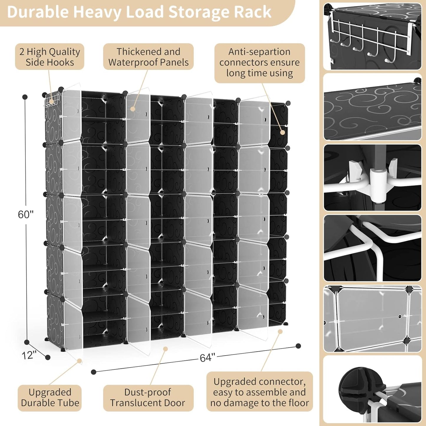 Portable Shoe Rack Organizer with Door, 96 Pairs Shoe Storage Cabinet Easy Assembly, Plastic Adjustable Shoe Storage Organizer Stackable Detachable Free Standing DIY Expandable 12 Tier Black