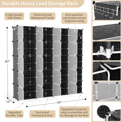 Portable Shoe Rack Organizer with Door, 96 Pairs Shoe Storage Cabinet Easy Assembly, Plastic Adjustable Shoe Storage Organizer Stackable Detachable Free Standing DIY Expandable 12 Tier Black