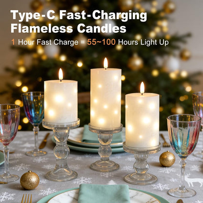 LEDHOLYT Rechargeable Flameless Glass Pillar Candles–Gifts for Women,–Set of 3, Realistic Flickering LED Light,Remote & Timer, Ideal for Living Room, Bedroom & Festival Wedding Home Party Decor