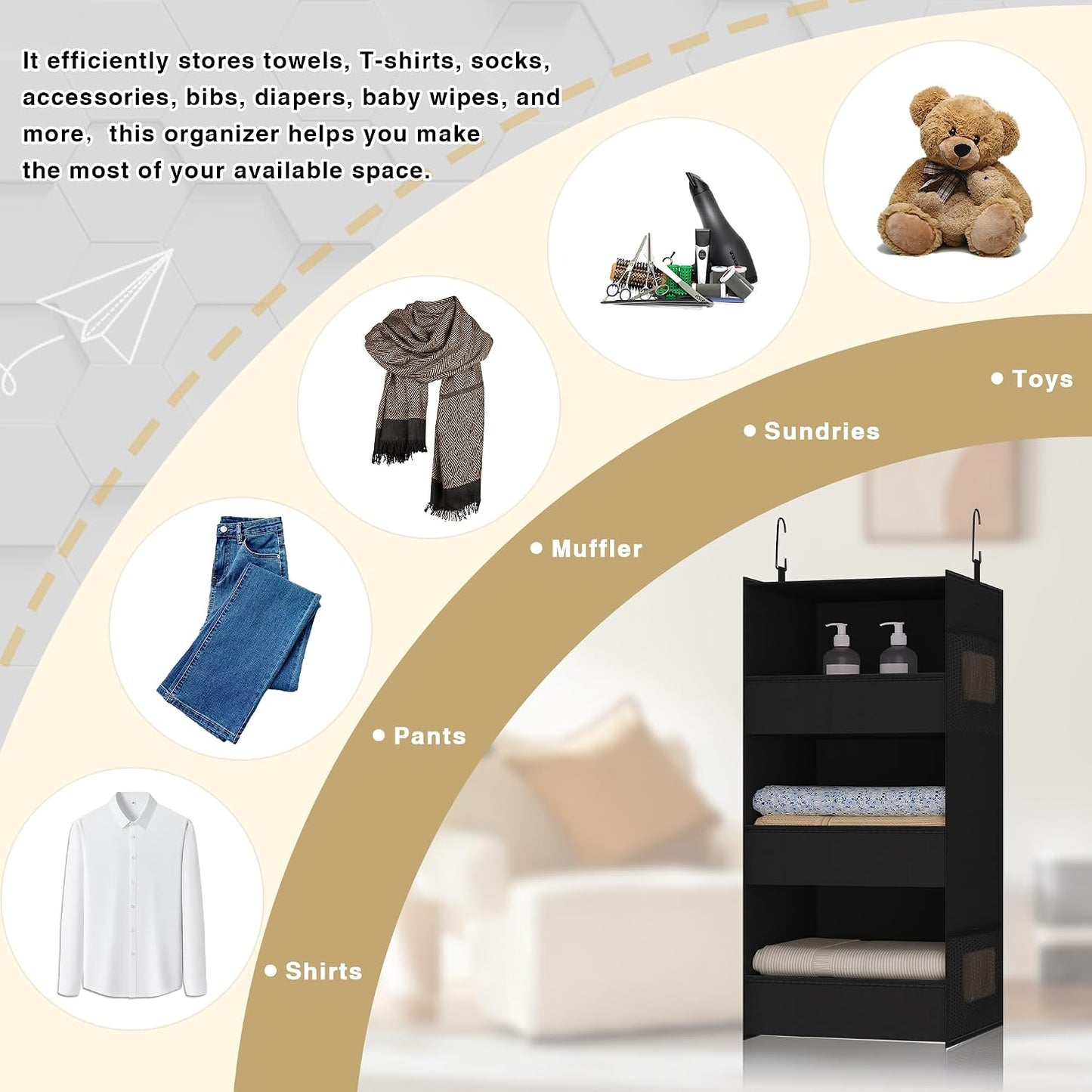 3-Shelf Hanging Closet Organizer, Washable Foldable Storage, Dark Gray | Front lip keeps items secure; side pockets add room; Oxford fabric handles towels, shirts, baby items, dorms, RVs or travel.