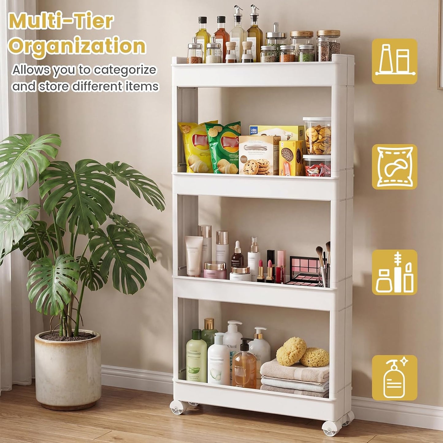 GOFLAME 4-Tier Rolling Utility Cart, Multifunctional Slim Storage Trolley with Detachable Trays and Wheels, Mobile Shelving Unit Organizer for Kitchen, Living Room and Bathroom (20” × 5” × 40”)