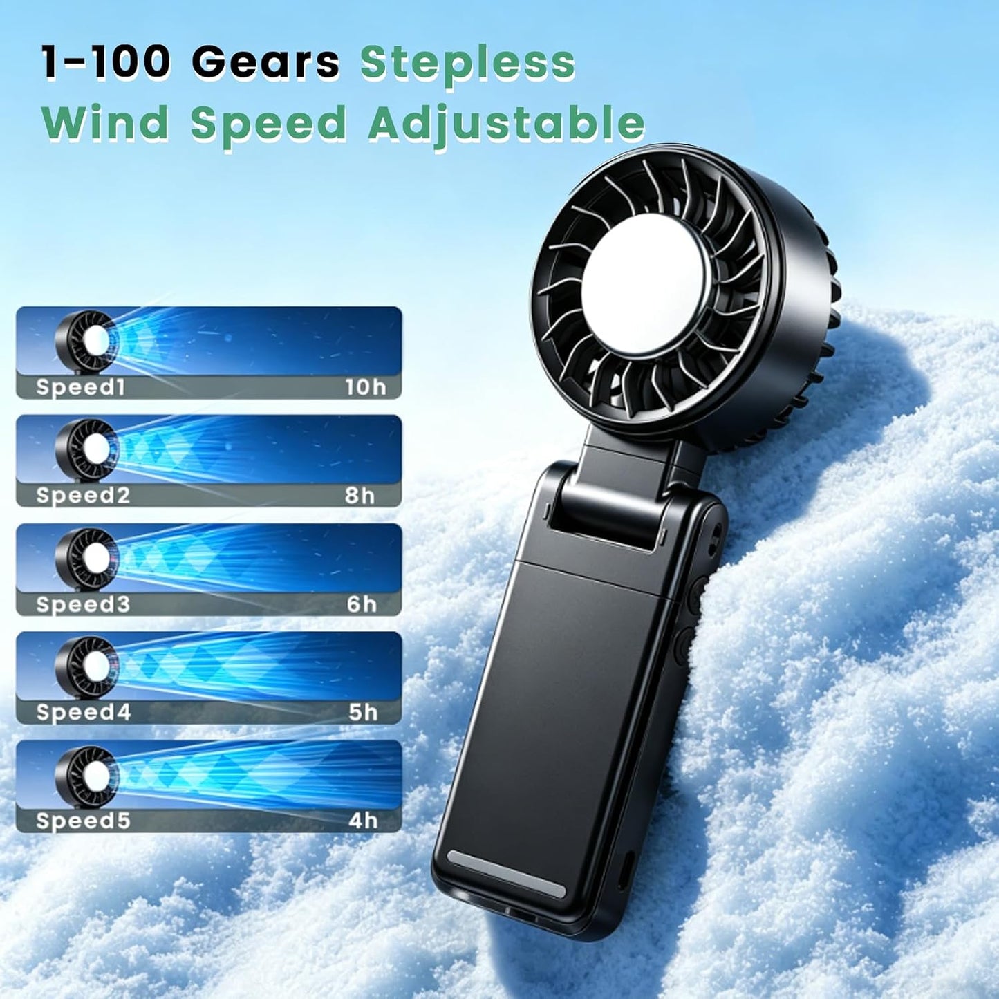 4-IN-1 Clip-On Portable Fan Rechargeable Handheld Mini Fan with lce Cooler,5 Gear High Speed 360° Rotatable Small Fans, for Outdoor, Travel, Beach, and Office (Green)