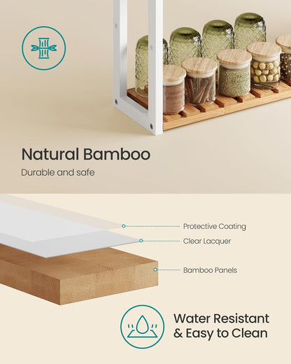 SONGMICS Bamboo Rolling Cart, 3-Tier Utility Cart on Wheels, Slim Narrow Storage Shelf, Bamboo Shelves, Space-Saving, Multifunctional, for Bathroom, Kitchen, White and Natural UBCB083N02