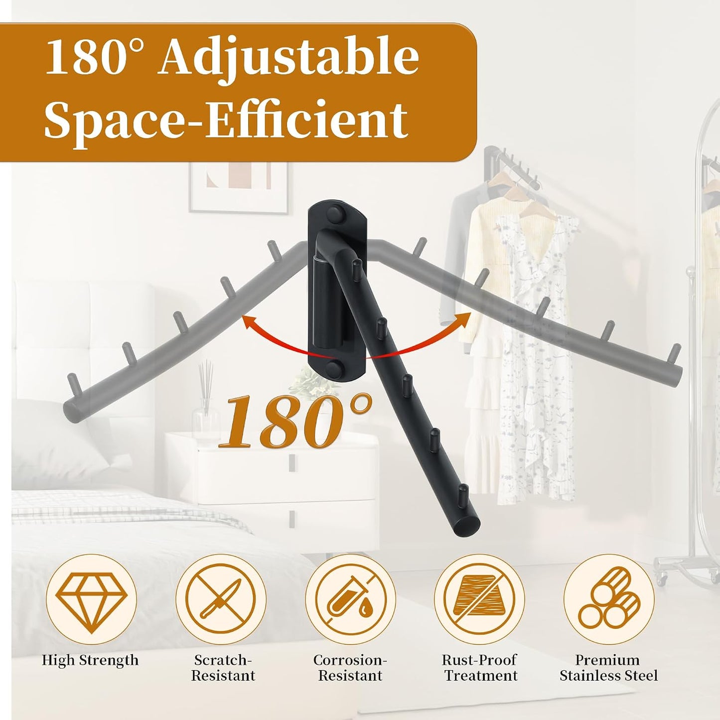 Alise Swing Clothes Hanger Rack,Black Garment Racks Wall Mounted(2P) | Clothes Bar-Hanger Hooks Heavy Duty Swivel Drying Rack Clothing Hanging System Closet Storage Organizer