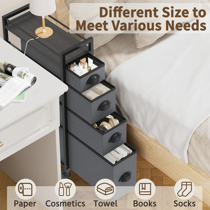 LASZOLA 5 Drawer Narrow Dresser Slim Cabinet Skinny Storage Tower Chest, Ideal for Small Spaces Bathroom, Between Washer and Dryer, Lightweight Mobile on Wheels, Sturdy Fabric Drawers, Black