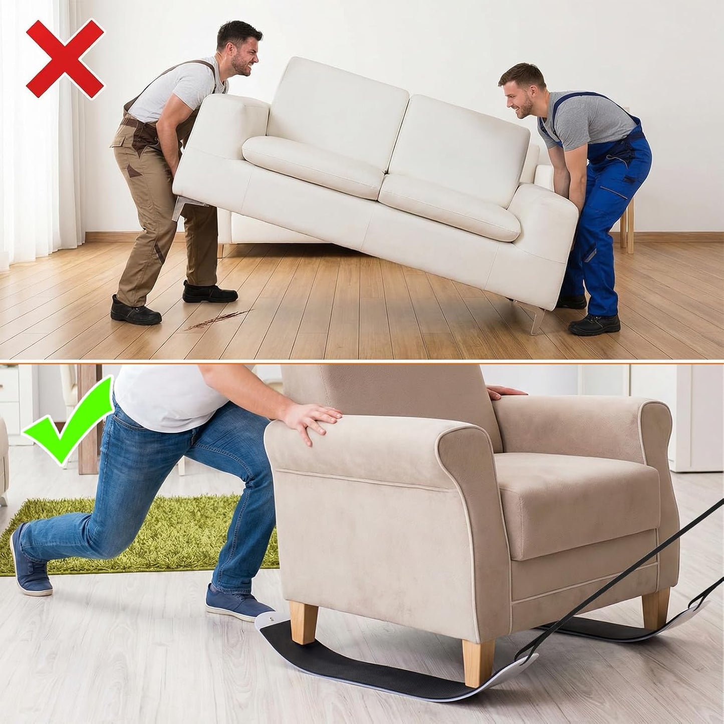 2 Pcs Heavy Duty Furniture Sliders with Pull Straps, Large Appliance Moving Mats for Carpet and Hardwood Floor, Pull Furniture Slides,Moving Furniture Gliders 48 Inch Long Furniture Movers