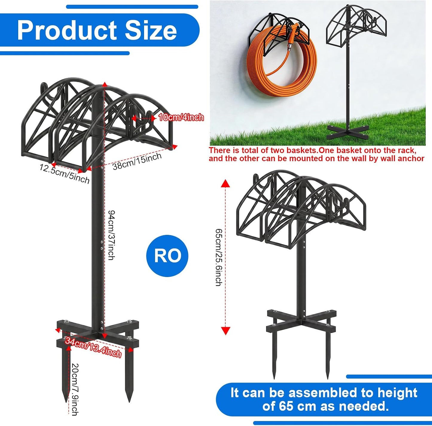 Garden Hose Holder Heavy Duty Water Hose Holder Holds 160 FT * 2 Hoses 4 Spikes Hose Reel Freestanding Hose Hanger Sturdy Hose Storage Stand with 90°Rotatable Hook for Outside Yard Lawn