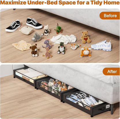 Under Bed Storage with Wheels,XXL 60L Under Bed Storage Containers with Clear Lids, Rolling Under Bed Metal Drawer for Clothes, Shoes,Toys(Gray, 2 Pack)