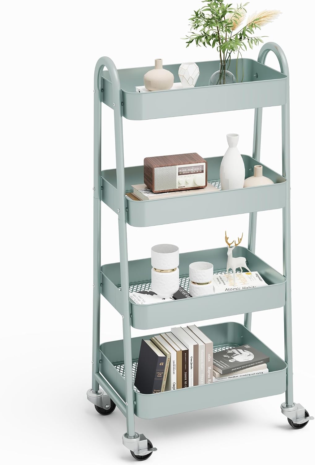 NEWBULIG 3-Tier Rolling Storage Cart, Metal Mobile Utility Organizer Shelf with Lockable Wheels, Space-Saving Freestanding Storage for Bathroom Living Room and Narrow Corner Spaces, Green