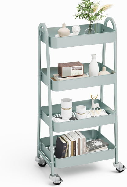 NEWBULIG 3-Tier Rolling Storage Cart, Metal Mobile Utility Organizer Shelf with Lockable Wheels, Space-Saving Freestanding Storage for Bathroom Living Room and Narrow Corner Spaces, Green