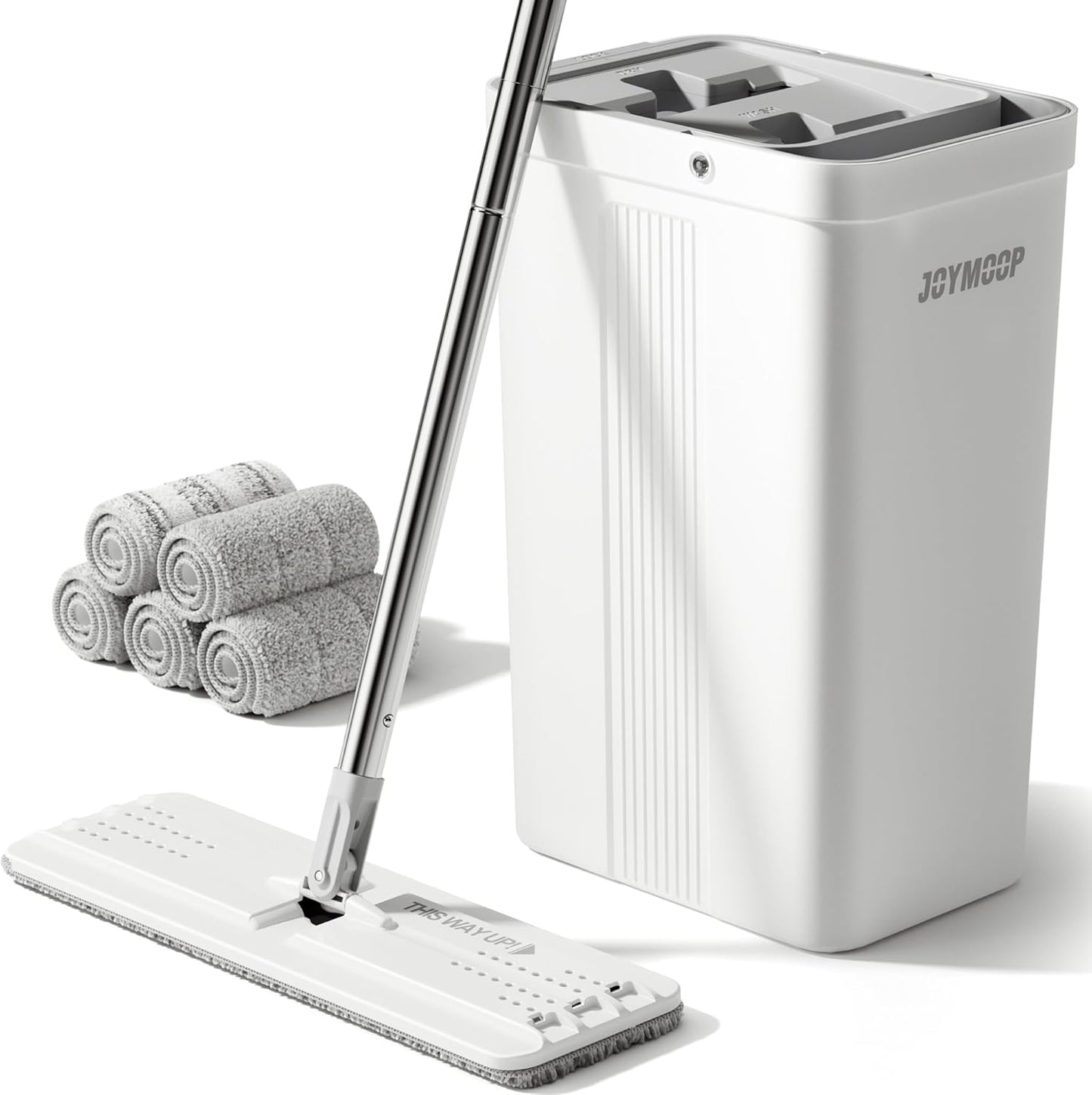 JOYMOOP Mop and Bucket Set, Flat Mops for Floor & Wall Cleaning, Commercial & Household Use, Hardwood Floor Mop with Long Handle & 4 Microfiber Pads