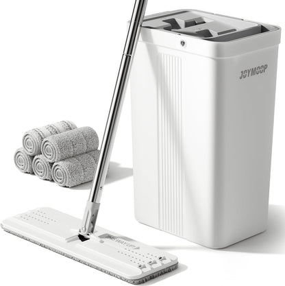 JOYMOOP Mop and Bucket Set, Flat Mops for Floor & Wall Cleaning, Commercial & Household Use, Hardwood Floor Mop with Long Handle & 4 Microfiber Pads