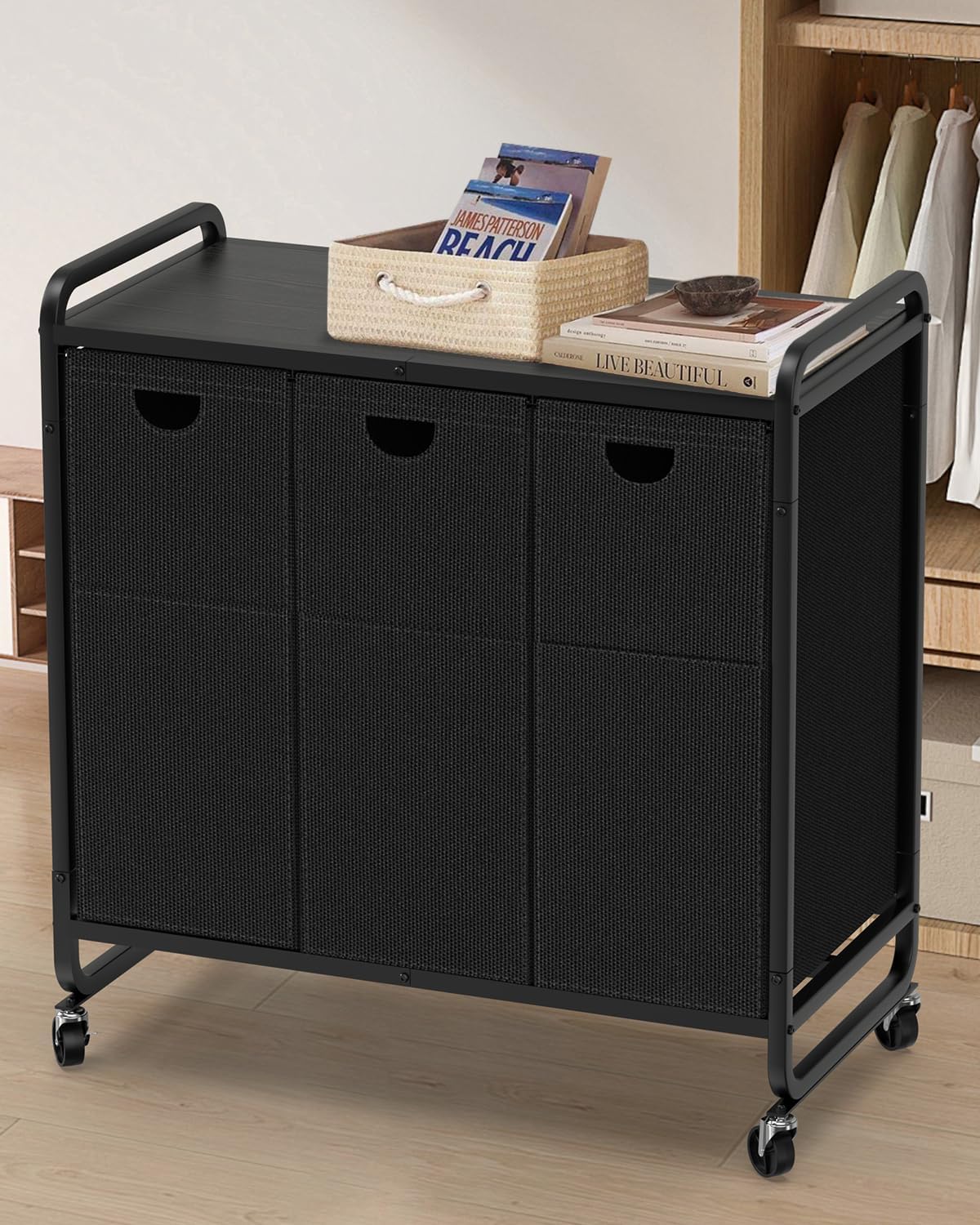 Laundry Sorter 3 Section,Laundry Basket with Wheels,3×15.8 Gal (60L) Laundry Hamper Organizer with Large Wooden Desktop Sorter,Pull-Out and Removable 900D Oxford Fabric Laundry Bags for Laundry Room