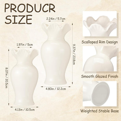 3 Pack White Ceramic Vase Set Small Rustic Decorative Vases Home Decor Wavy Edge Modern Flower Vases for Farmhouse Table Centerpiece Living Room Kitchen Bedroom (5.7,6.7,7.9in,Elegant)