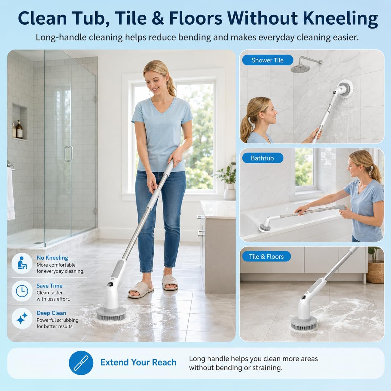 Electric Spin Scrubber, Cordless 20W High-Torque Cleaning Brush Bathroom Scrubber, IPX7 Waterproof Electric Scrubber with 6 Brush Heads, Extendable Long Handle Power Scrubber for Bathtub Floor