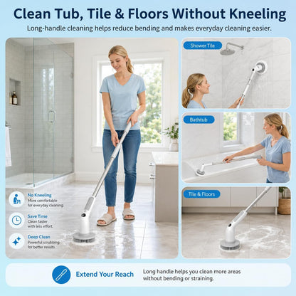 Electric Spin Scrubber, Cordless 20W High-Torque Cleaning Brush Bathroom Scrubber, IPX7 Waterproof Electric Scrubber with 6 Brush Heads, Extendable Long Handle Power Scrubber for Bathtub Floor