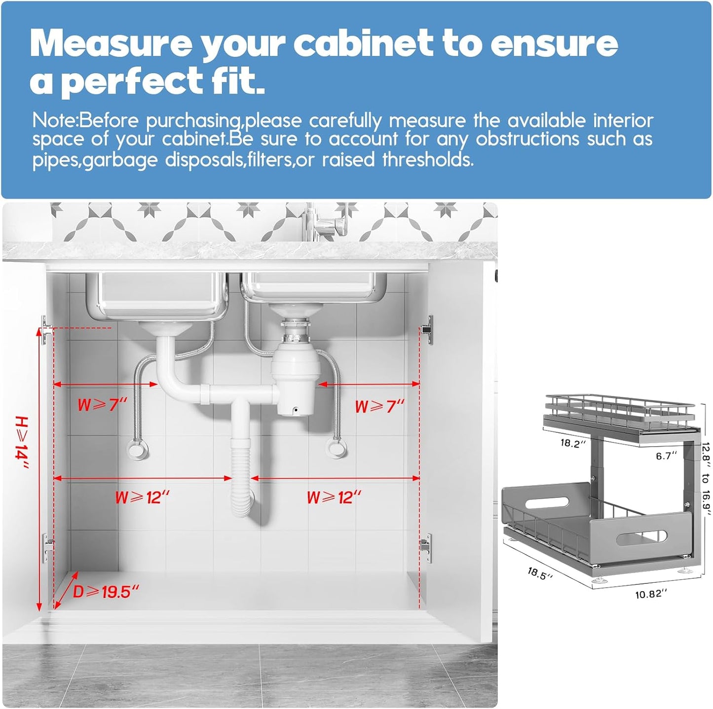 Under Sink Organizer Upgrade To Professional Rails,2-Tier Dual Pull Out Cabinet Storage,Height Adjustable Slide Out Drawers For Bathroom Kitchen,2 Pack-14.5" Dx12.8-16.9" H,White