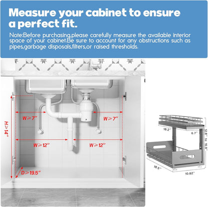 Under Sink Organizer Upgrade To Professional Rails,2-Tier Dual Pull Out Cabinet Storage,Height Adjustable Slide Out Drawers For Bathroom Kitchen,2 Pack-14.5" Dx12.8-16.9" H,White