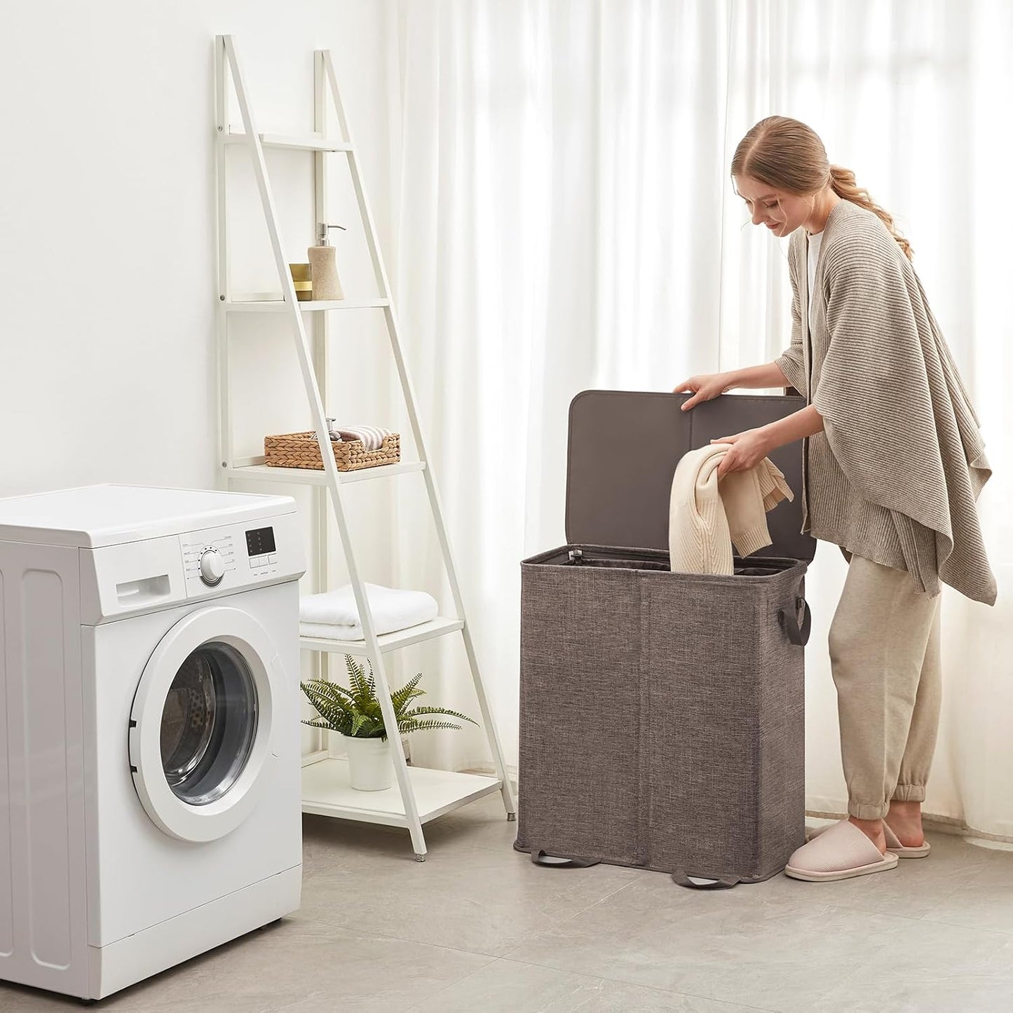 Lifewit Double Laundry Hamper with Lid and Removable Laundry Bags, Large Collapsible 2 Dividers Dirty Clothes Basket with Handles for Bedroom Laundry Room Closet Bathroom College, 136L Beige