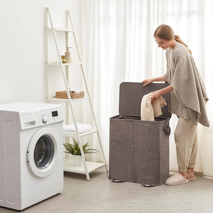 Lifewit Double Laundry Hamper with Lid and Removable Laundry Bags, Large Collapsible 2 Dividers Dirty Clothes Basket with Handles for Bedroom Laundry Room Closet Bathroom College, 136L Beige