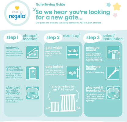 Regalo Safety 28"-42" Extra Wide Expandable Baby Gate for Doorways & Bottom of Stairs, Pressure Mounted Safety Gate for Babies, Toddlers & Pets, Tested & Safe for 30 Years, American Designed and Owned
