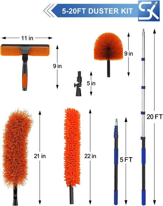 26 Foot High Reach Duster Kit with 5-20 ft Telescoping Extension Pole, High Ceiling Duster, Cobweb Duster, Window Squeegee, Feather Duster, Outdoor & Indoor Extendable Duster Cleaning Kit