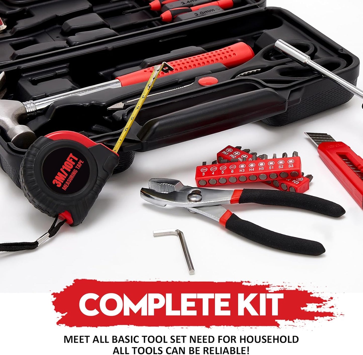 WGGE 39-Piece Home Tool Set– Durable Household Hand Tool Kit with Hammer, Screwdrivers, Pliers, Wrench, Hex Keys & More – Compact Storage Case for Home Repairs, DIY & Maintenance