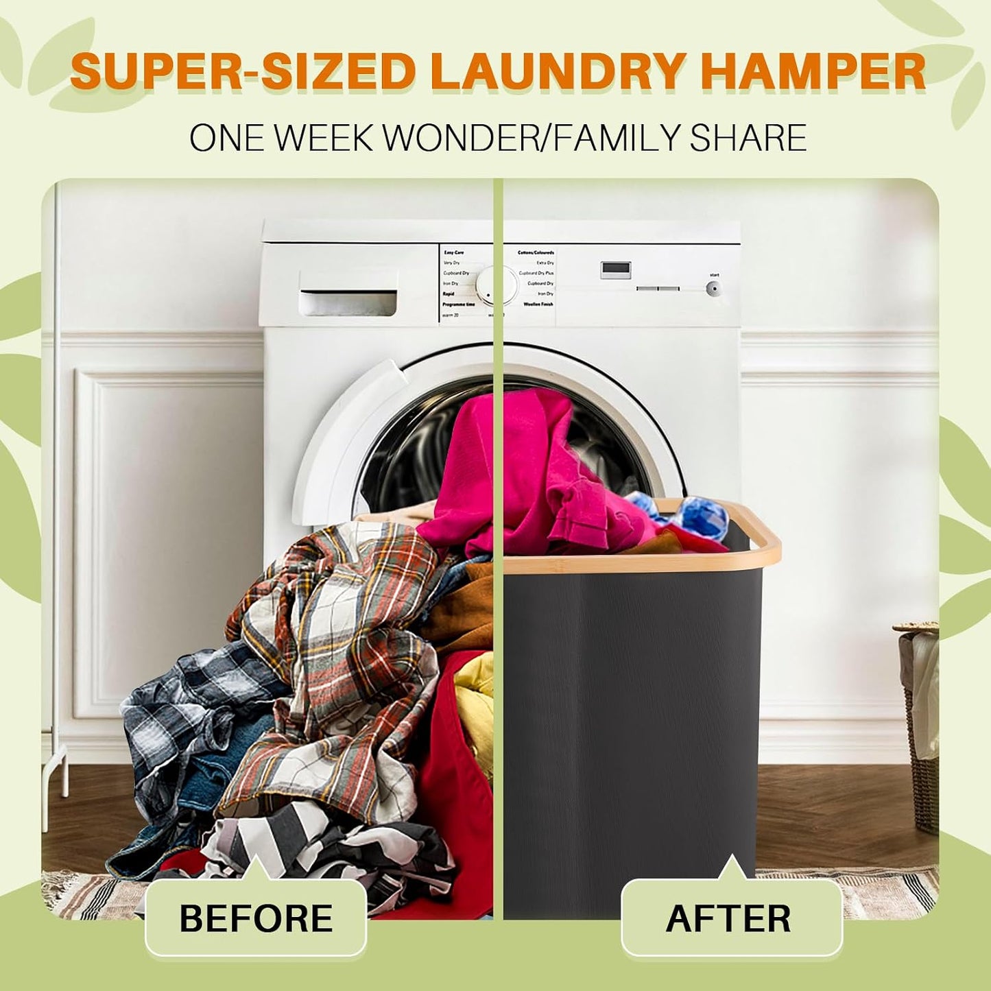 160L Laundry Hamper with Lid, 3 Section Laundry Basket with 3 Removable Bag | Clothes Hampers for Laundry with Bamboo Frame Handle, Large Dirty Clothes Hamper for Laundry Room, Bathroom, Bedroom, Black