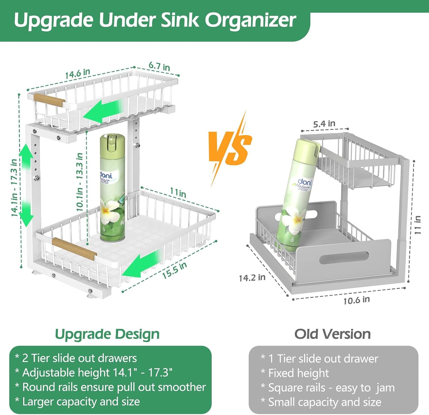 ADRIMER Under Sink Organizer 2 Packs, Pull Out Kitchen Sink Organizer, 2 Tier Slide Out Kitchen Organizers and Storage Bathroom Under Cabinet Storage Shelf, Transparent & White