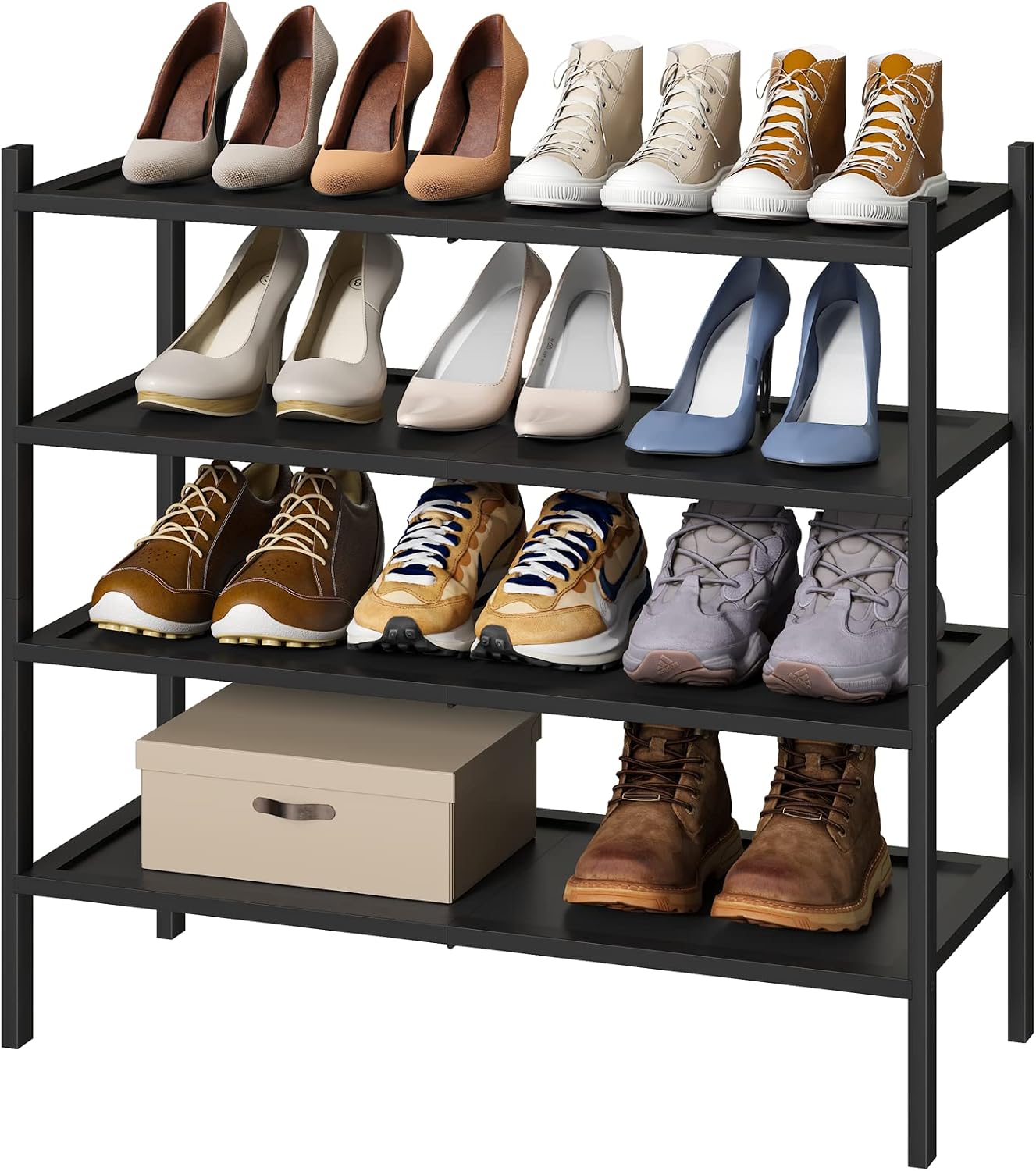 kiplant Small Shoe Rack, 4-Tier Bamboo Wood Shoe Rack for Entryway, Stackable Shoe Organizer for Hallway Closet, Free Standing Shoe Racks for Indoor & Outdoor