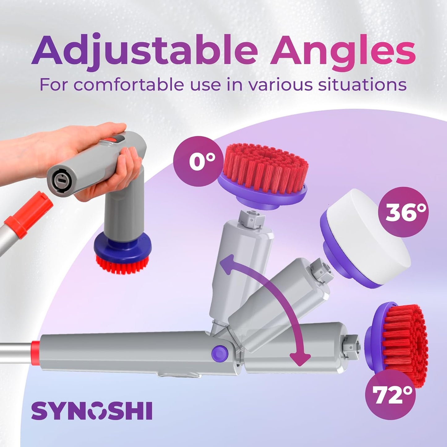 Synoshi PRO Electric Spin Scrubber with Long Handle – Cordless Shower Scrubber, Bathroom Cleaning Brush, Electric Scrubber for Cleaning Shower, Tub & Floor, Adjustable Angles, 2 Speeds Power Scrubber