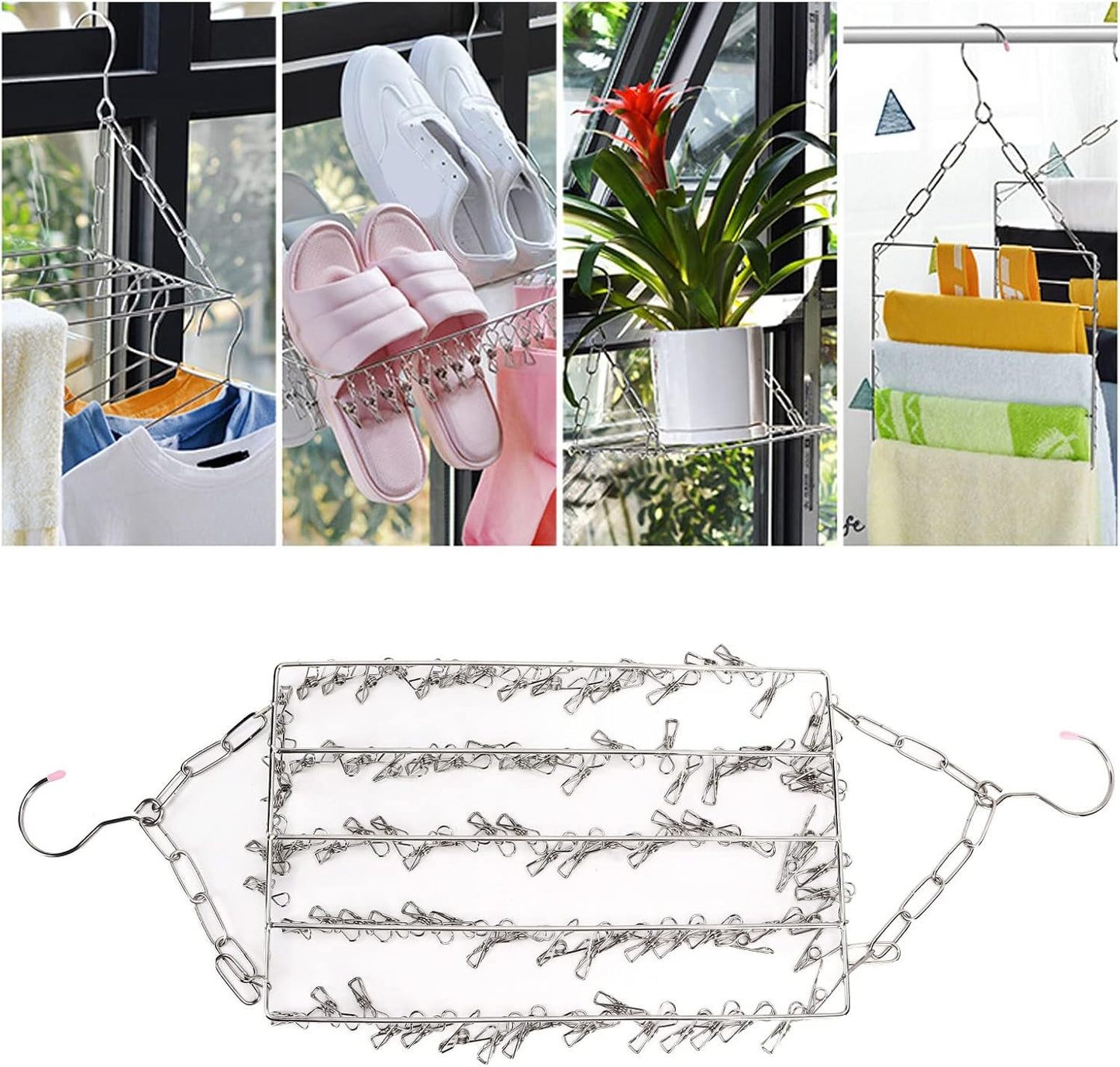 Stainless Steel Sock Drying Rack,Multifunctional Laundry Drying Rack Hanging Drying Rack Swivel Hook Wind Proof Clothes Hanger Rack with Clips for Hanging Clothes Towels Socks (Without Clip 40cm)