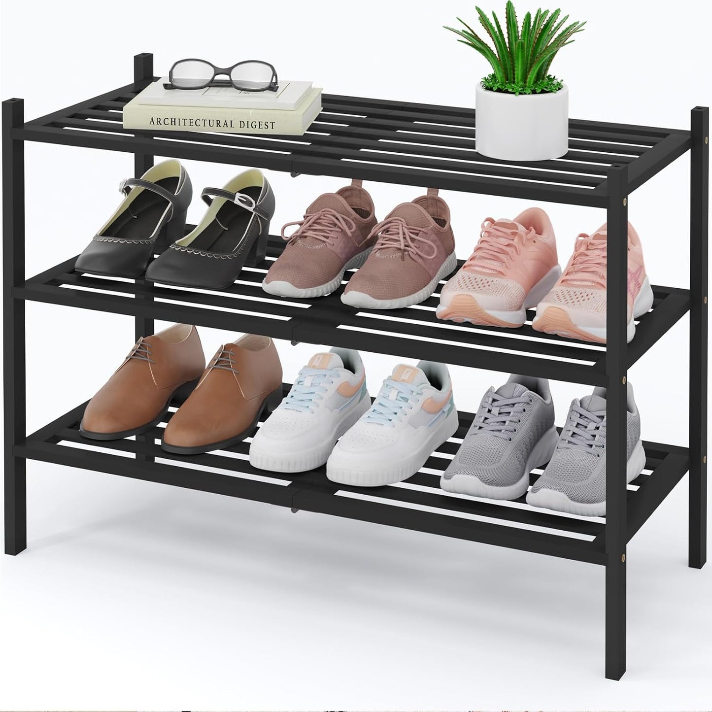 Smiry Bamboo Shoe Rack, 3 Tier Free Standing Wooden Shoe Organizer, Stackable Wood Shoe Storage Shelf for Closet, Entryway, 5 Horizontal Slats, 26.8"x11"x18.3", Natural
