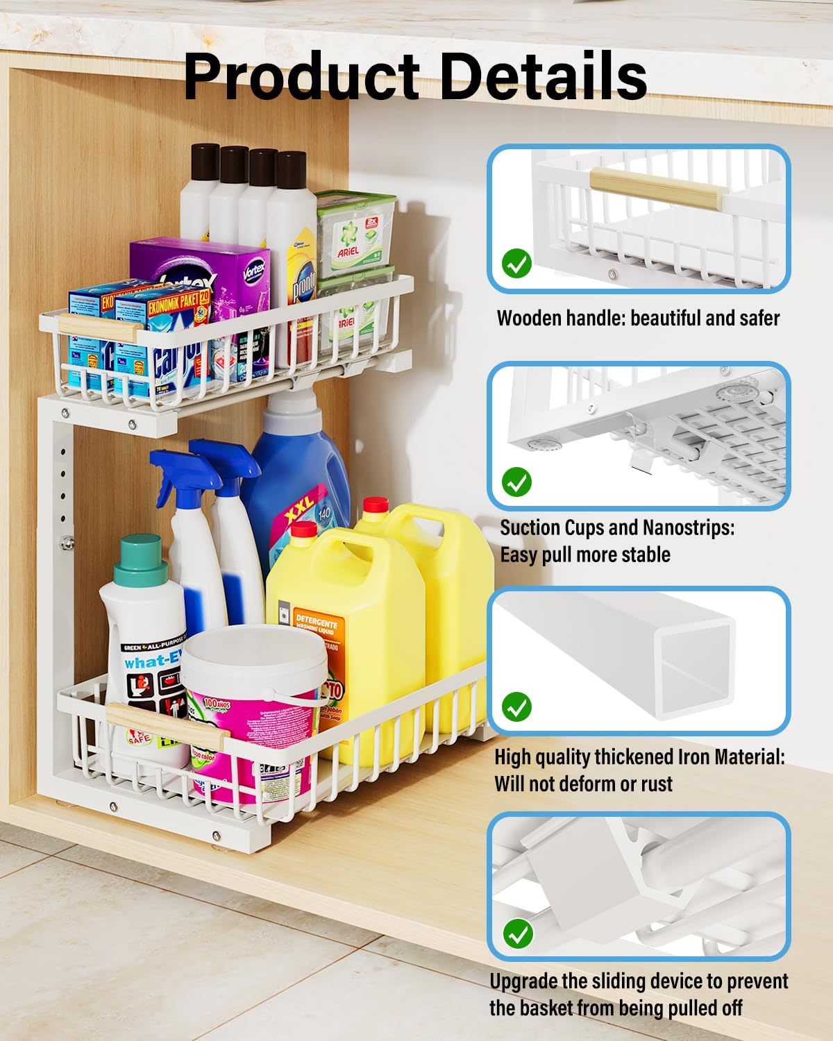 Under Sink Organizer Storage for Families: Pull Out Storage Undersink Organizers Drawer Cabinet - Sliding 2 Tier Rack Metal Organization Under Counter Kitchen Bathroom for Homemakers(White,1 Pack)